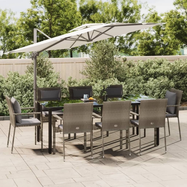 Set da Pranzo Giardino 9pz con Cuscini Nero e Grigio Polyrattan