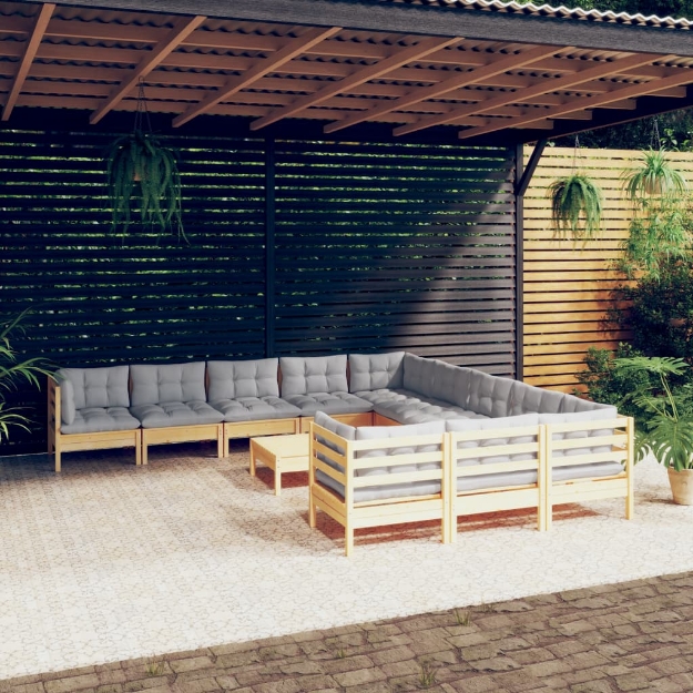 Set Divani da Giardino 12 pz con Cuscini Grigi Massello di Pino