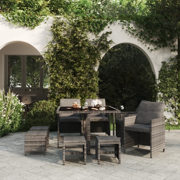 Set da Pranzo per Giardino 9 pz con Cuscini Polyrattan Grigio