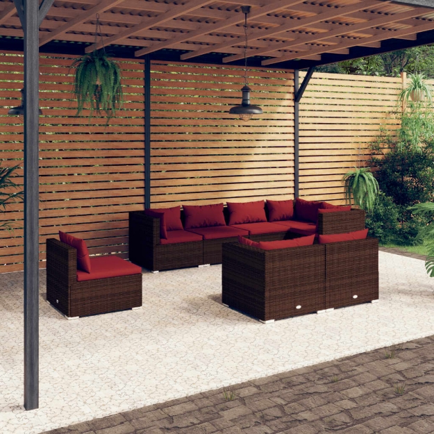 Set Divani da Giardino 8 pz con Cuscini in Polyrattan Marrone