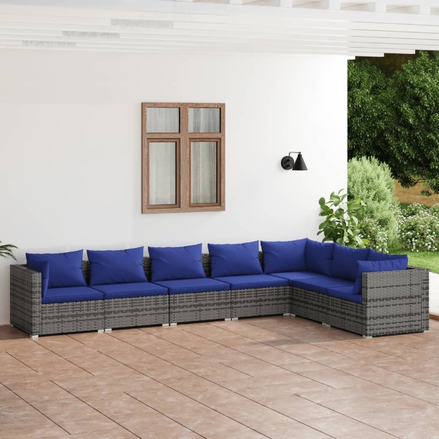 Set Divani da Giardino 7 pz con Cuscini in Polyrattan Grigio