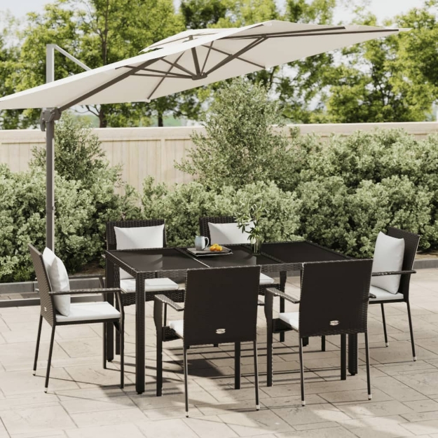 Set da Pranzo da Giardino 7 pz Nero con Cuscini in Polyrattan