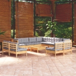 Set Divani da Giardino 12 pz con Cuscini Grigi Massello di Pino
