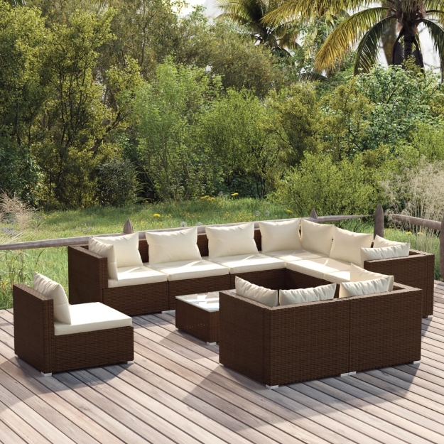 Set Divani da Giardino 10 pz con Cuscini in Polyrattan Marrone