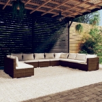 Set Divani da Giardino 10 pz con Cuscini in Polyrattan Marrone