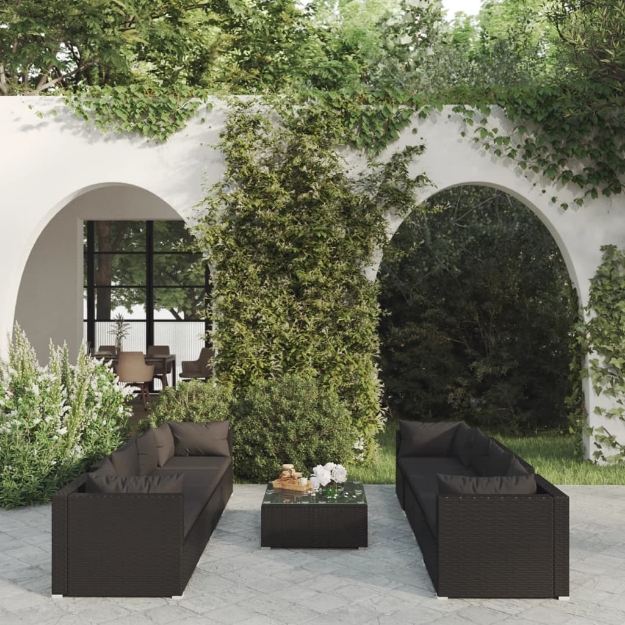 Set Divani da Giardino 9 pz con Cuscini in Polyrattan Nero