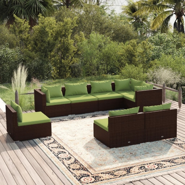 Set Divani da Giardino 8 pz con Cuscini in Polyrattan Marrone