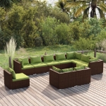 Set Divani da Giardino 10 pz con Cuscini in Polyrattan Marrone