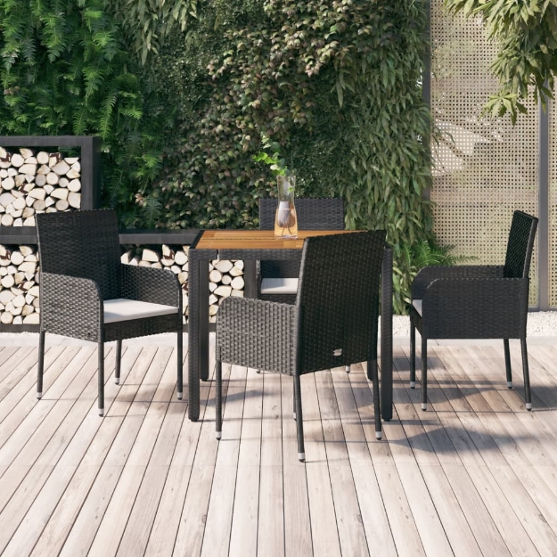 Set da Pranzo da Giardino 5 pz Nero con Cuscini in Polyrattan