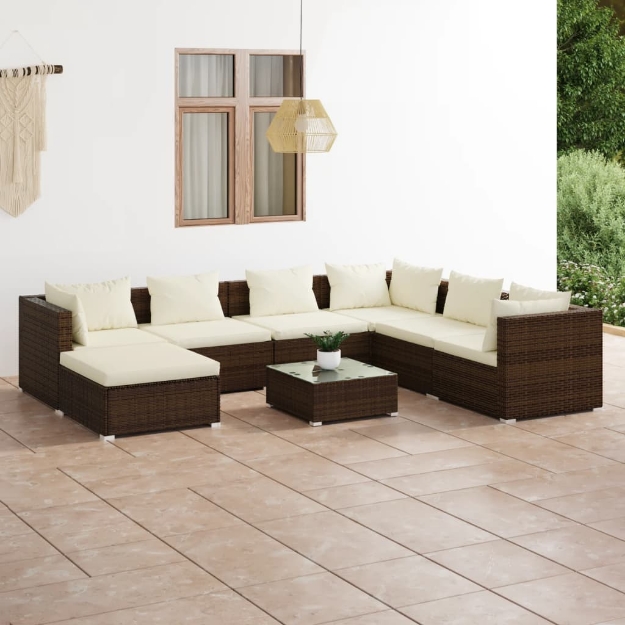 Set Divani da Giardino 8 pz con Cuscini in Polyrattan Marrone