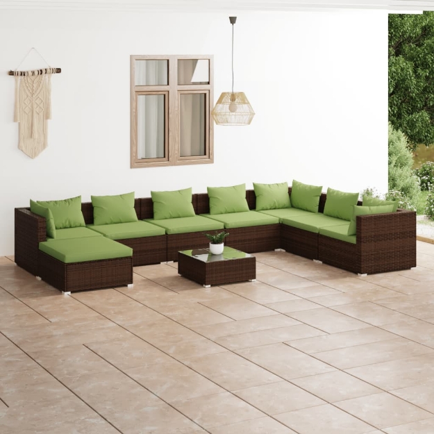 Set Divani da Giardino 9 pz con Cuscini in Polyrattan Marrone