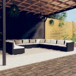 Set Mobili da Giardino 11 pz con Cuscini in Polyrattan Nero