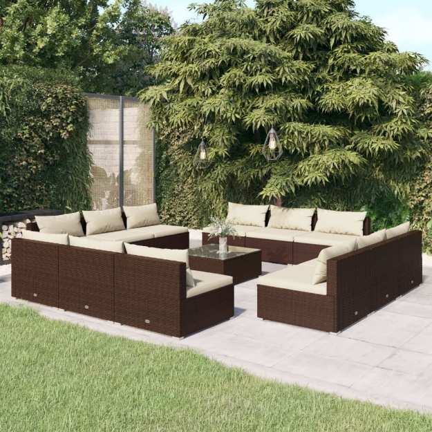 Set da Giardino 13 pz con Cuscini in Polyrattan Marrone