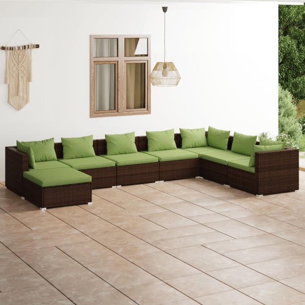 Set Divani da Giardino 8 pz con Cuscini in Polyrattan Marrone