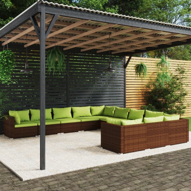 Set Divani da Giardino 11 pz con Cuscini in Polyrattan Marrone