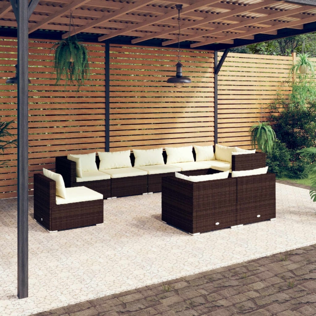 Set Divani da Giardino 9 pz con Cuscini in Polyrattan Marrone