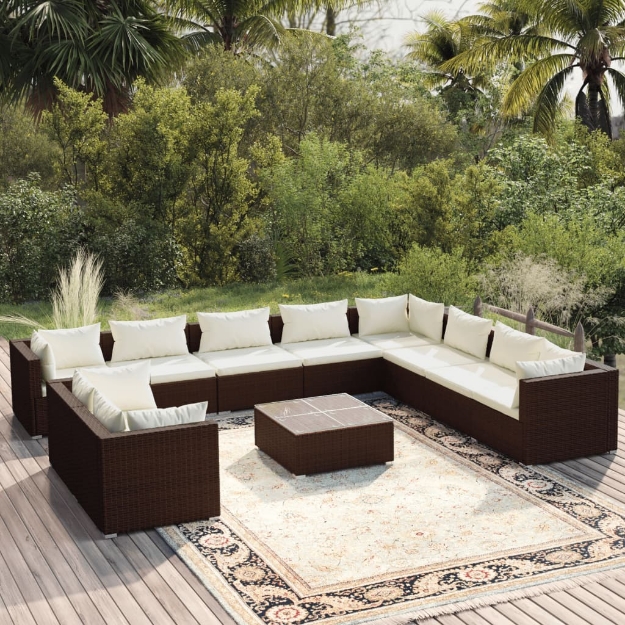 Set Divani da Giardino 11 pz con Cuscini in Polyrattan Marrone