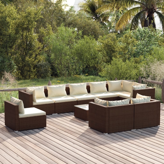 Set Divani da Giardino 10 pz con Cuscini in Polyrattan Marrone