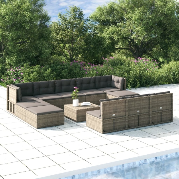 Set Divani da Giardino 11 pz con Cuscini in Polyrattan Grigio