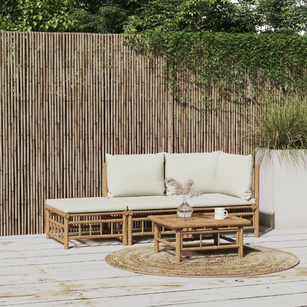 Set Salotto da Giardino 3pz con Cuscini Bianco Crema in Bambù