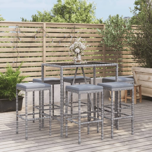 Set Bar da Giardino 7 pz con Cuscini in Polyrattan Grigio