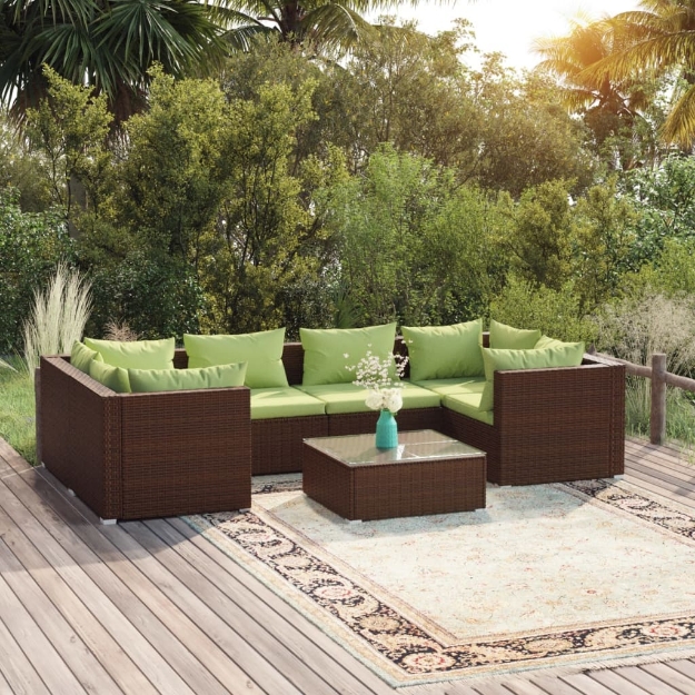 Set da Giardino 7 pz con Cuscini in Polyrattan Marrone