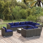 Set Divani da Giardino 10 pz con Cuscini in Polyrattan Grigio