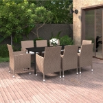 Set da Pranzo da Giardino e Cuscini 9 pz in Polyrattan e Vetro