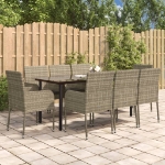 Set da Pranzo Giardino 9pz con Cuscini Nero e Grigio Polyrattan