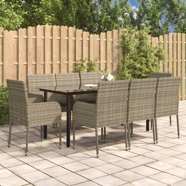 Set da Pranzo Giardino 9pz con Cuscini Nero e Grigio Polyrattan