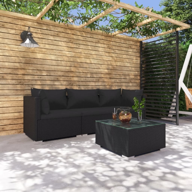 Set Divani da Giardino 4 pz con Cuscini in Polyrattan Nero