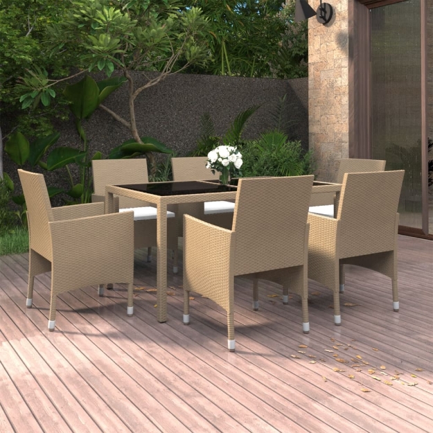 Set da Pranzo Giardino 7 pz Polyrattan e Vetro Temperato Beige