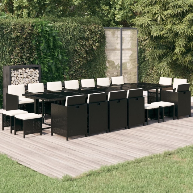 Set da Pranzo per Giardino 19 pz con Cuscini in Polyrattan Nero