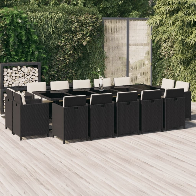 Set da Pranzo per Giardino 15 pz con Cuscini in Polyrattan Nero