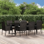 Set da Pranzo da Giardino 9 pz con Cuscini Nero in Polyrattan