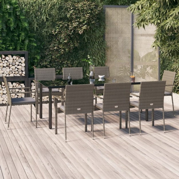 Set da Pranzo Giardino 9pz con Cuscini Nero e Grigio Polyrattan