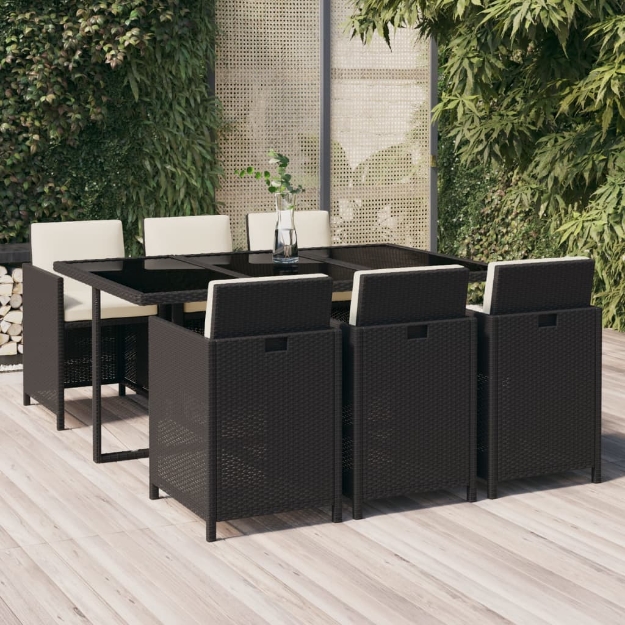 Set da Pranzo da Giardino 7 pz con Cuscini in Polyrattan Nero