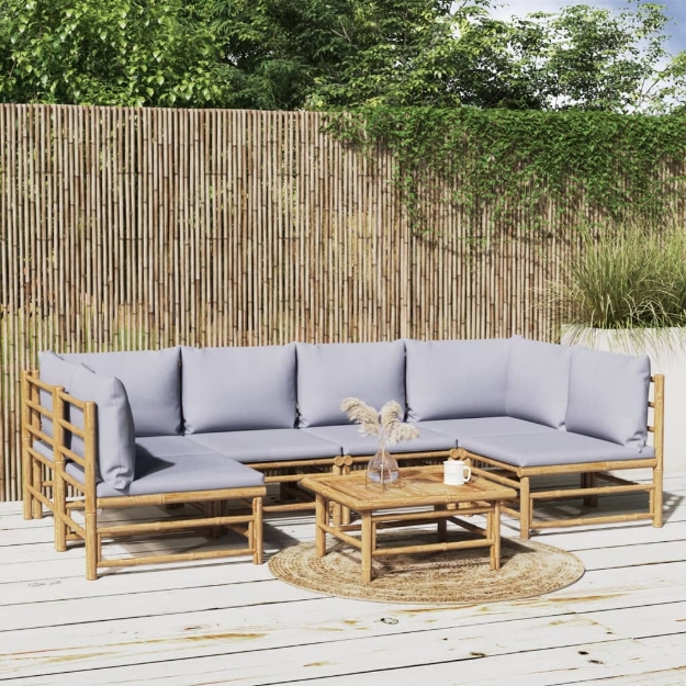 Set Salotto da Giardino 7pz con Cuscini Grigio Chiaro Bambù