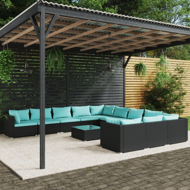 Set Divani da Giardino 12 pz con Cuscini in Polyrattan Nero