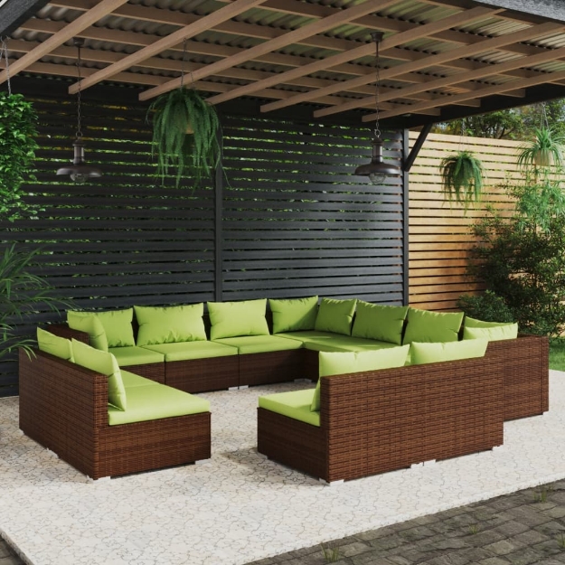 Set Divani da Giardino 11 pz con Cuscini in Polyrattan Marrone