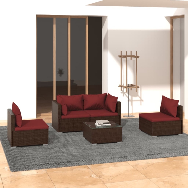 Set Divani da Giardino 5 pz con Cuscini in Poly Rattan Marrone