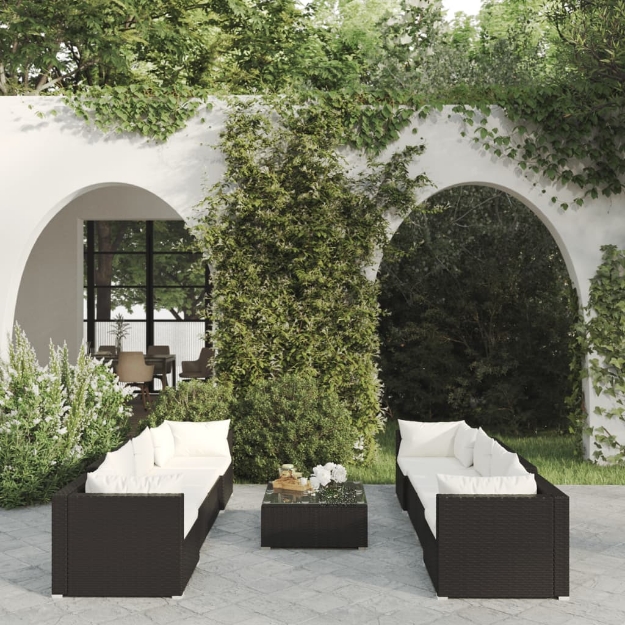 Set Salotto da Giardino 9 pz con Cuscini in Polyrattan Nero