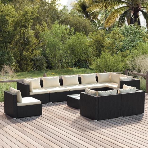 Set Mobili da Giardino 10 pz con Cuscini in Polyrattan Nero