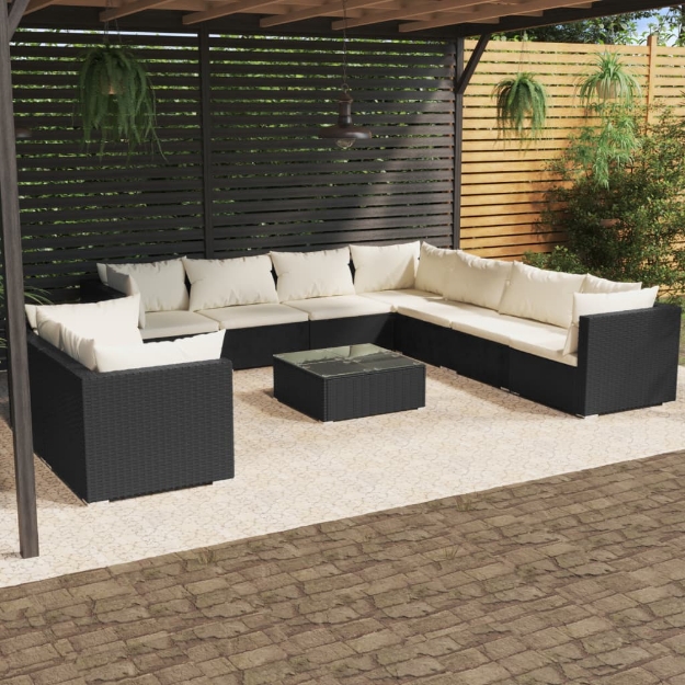 Set Salotto da Giardino 10pz con Cuscini in Polyrattan Nero