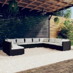 Set Salotto da Giardino 10pz con Cuscini in Polyrattan Nero