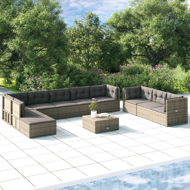 Set Divani da Giardino 10 pz con Cuscini in Polyrattan Grigio