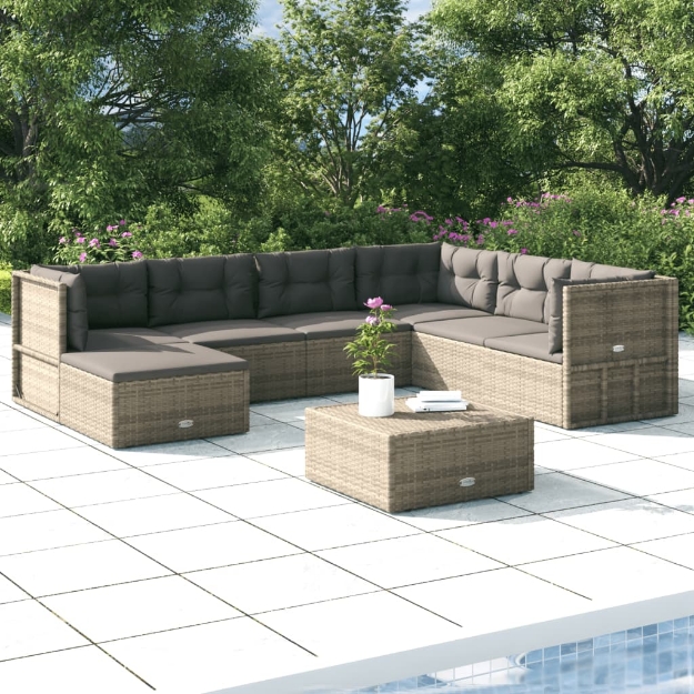 Set Divani da Giardino 7 pz con Cuscini in Polyrattan Grigio