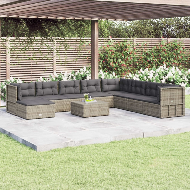 Set Divani da Giardino 9 pz con Cuscini in Polyrattan Grigio