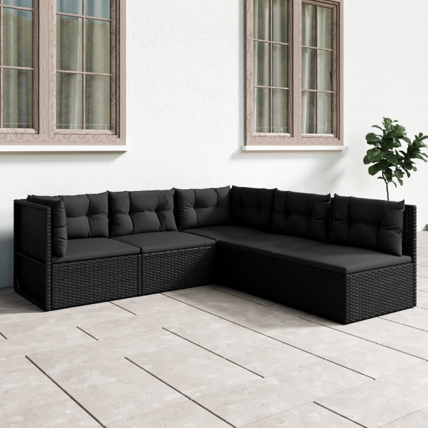 Set Divani da Giardino 5 pz con Cuscini Nero in Polyrattan