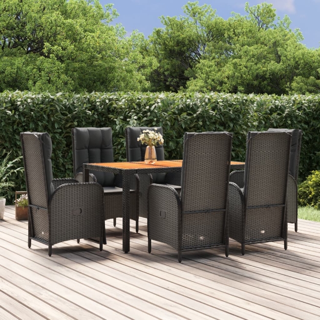 Set da Pranzo da Giardino 7 pz Nero con Cuscini in Polyrattan